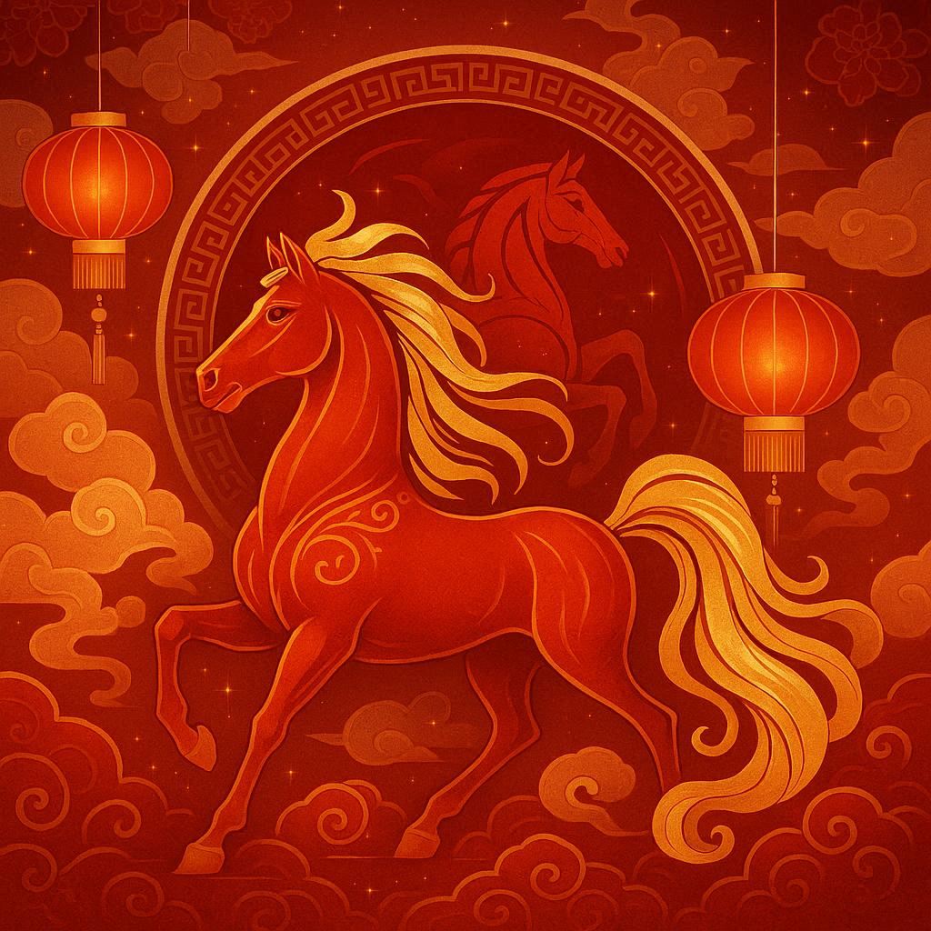 Year of the Horse Chinese New Year scene, majestic stylized horse as the central motif, flowing mane shaped like golden ribbons, red‑and‑gold festive palette, glowing lanterns, swirling auspicious clouds, refined paper‑cut patterns, soft warm lighting, celebratory sparkles, premium modern‑oriental illustration style, crisp details, balanced composition, joyful and prosperous atmosphere.